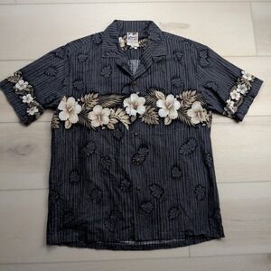 VTG Hawaiian Togs Shirt Mens L Charcoal Gray Floral Lei Short Sleeve Made in USA
